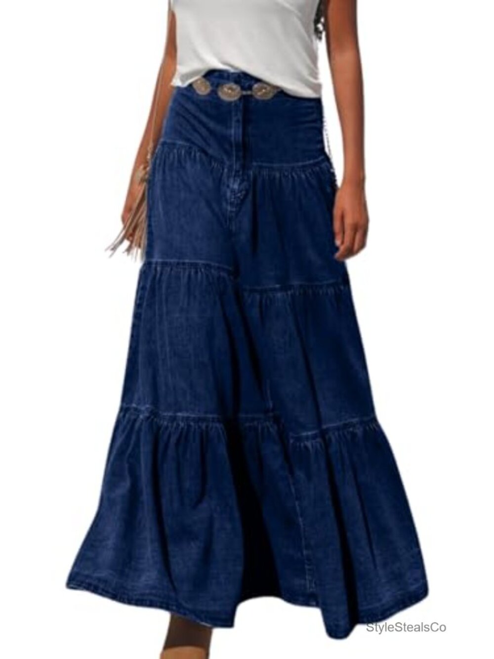 Washed Cotton Tiered Maxi Jean Skirt A-Line Flowy Swing Pleated Denim